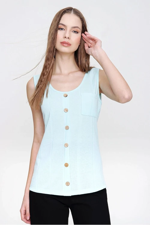 Su Yeşili Askılı Düğmeli İnce Örme Triko Bluz BCBSK-25700-3134