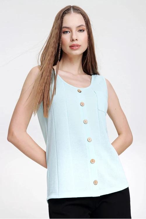 Su Yeşili Askılı Düğmeli İnce Örme Triko Bluz BCBSK-25700-3134