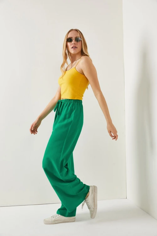 Yeşil Beli Lastikli Palazzo Pantolon BCBSK-25700-K7389