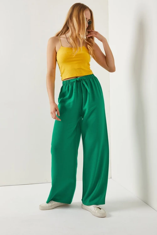 Yeşil Beli Lastikli Palazzo Pantolon BCBSK-25700-K7389