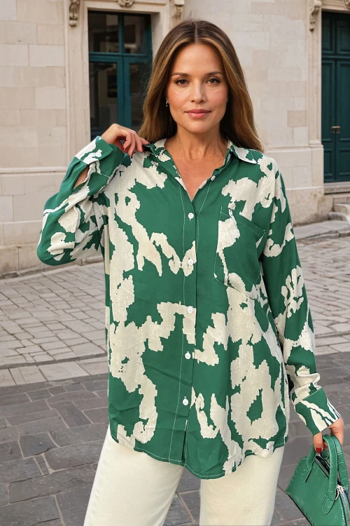 Yeşil Desenli Oversize Uzun Kollu Gömlek BCBSK-25700-3457
