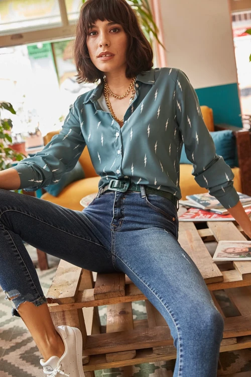 Yeşil Desenli Uzun Kol Gömlek BCBSK-25700-K4921