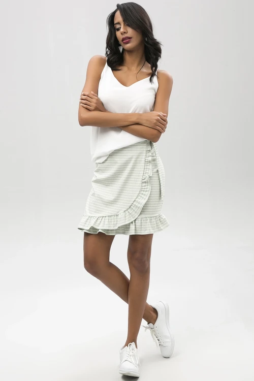 Yeşil Diz Üstü Eteği Fırfırlı Beli Bağlamalı Kruvaze Etek BCBSK-25650-2202