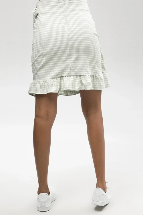 Yeşil Diz Üstü Eteği Fırfırlı Beli Bağlamalı Kruvaze Etek BCBSK-25650-2202