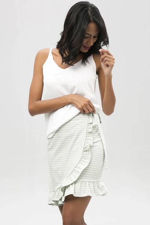 Yeşil Diz Üstü Eteği Fırfırlı Beli Bağlamalı Kruvaze Etek BCBSK-25650-2202