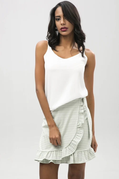 Yeşil Diz Üstü Eteği Fırfırlı Beli Bağlamalı Kruvaze Etek BCBSK-25650-2202