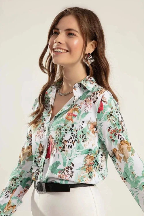 Yeşil Uzun Kol Desenli Gömlek BCBSK-25700-K5545