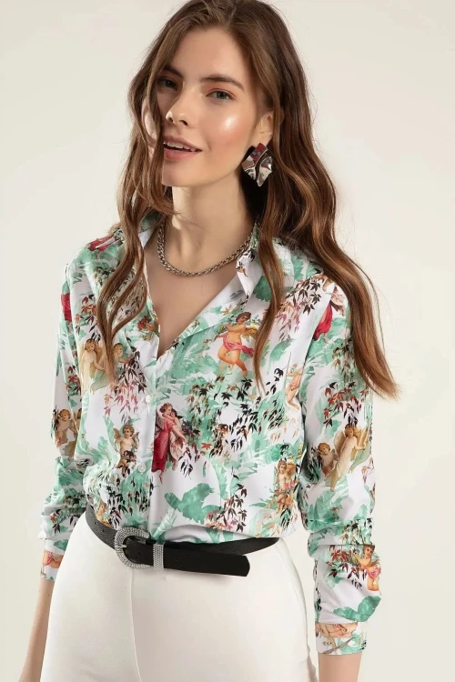 Yeşil Uzun Kol Desenli Gömlek BCBSK-25700-K5545