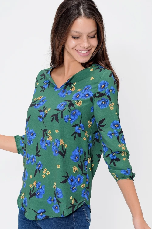 Yeşil Yakası Yırtmaçlı Çizgili Krep Bluz BCBSK-25700-2752