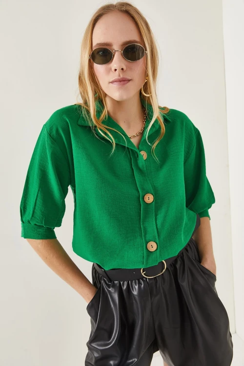 Yeşil Yarm Kollu Oversıze Gömlek BCBSK-25700-K7388