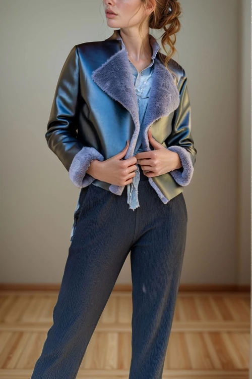 Antrasit İçi Kürk Dışı Deri Crop Ceket BCBSK-25700-3301