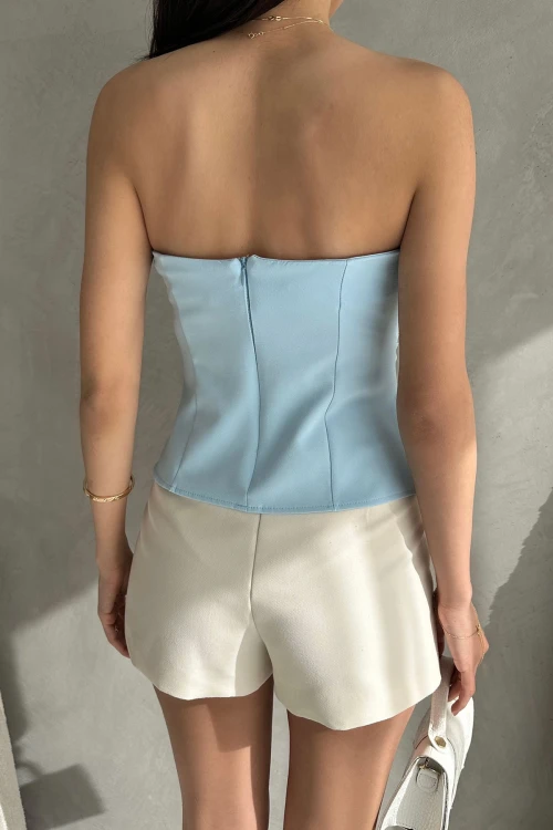 Bebe Mavi Straplez Fitted İnce Süs Kemer Detaylı Dokuma Bluz  BCDF-252189