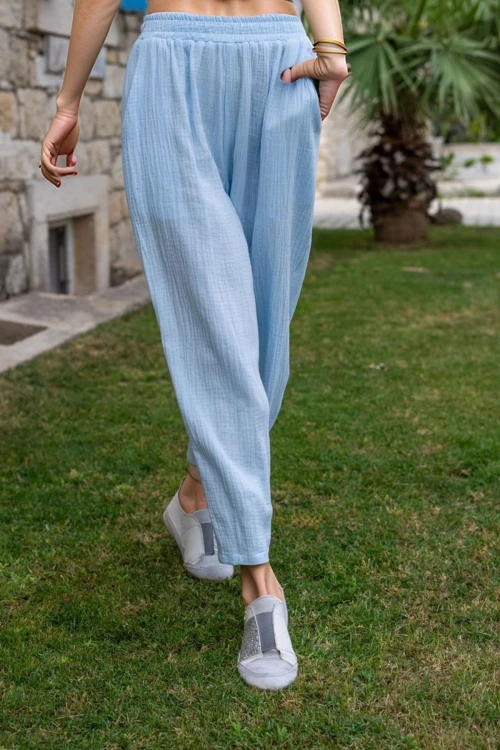 Bebe Mavisi Müslin Beli Lastikli Cepli Salaş Pantolon BCBSK-25700-3416