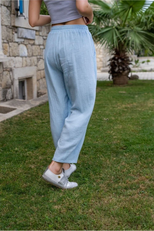Bebe Mavisi Müslin Beli Lastikli Cepli Salaş Pantolon BCBSK-25700-3416