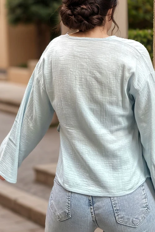 Bebe Mavisi Müslin Kruvaze Bağlamalı Salaş Bluz BCBSK-25700-3610