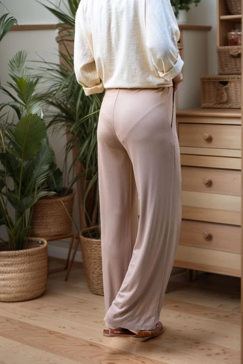 Bej Beli Lastikli Cepli Bol Paça Yumuşak Dokulu Pantolon BCBSK-25700-3169