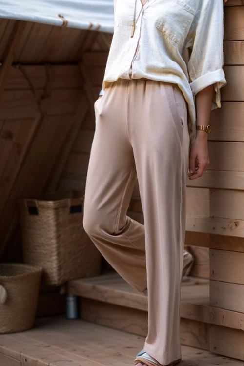 Bej Beli Lastikli Cepli Bol Paça Yumuşak Dokulu Pantolon BCBSK-25700-3169