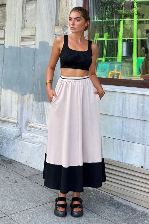 Bej Beli Şeritli Lastikli Color Block Kiloş Uzun Etek BCBSK-25700-3535