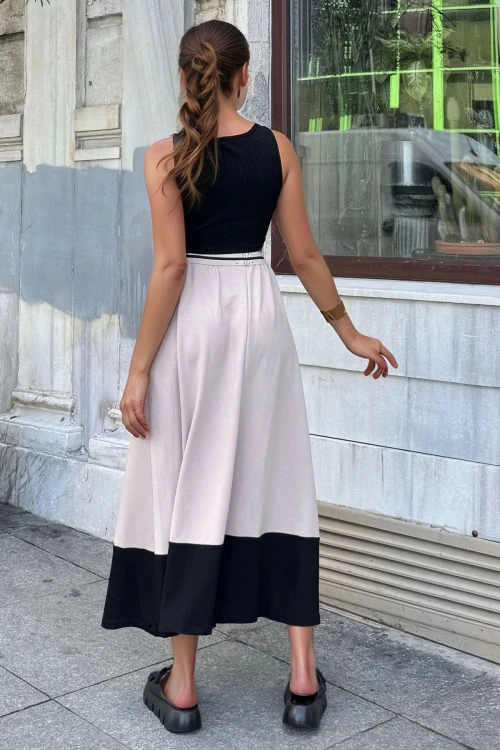 Bej Beli Şeritli Lastikli Color Block Kiloş Uzun Etek BCBSK-25700-3535