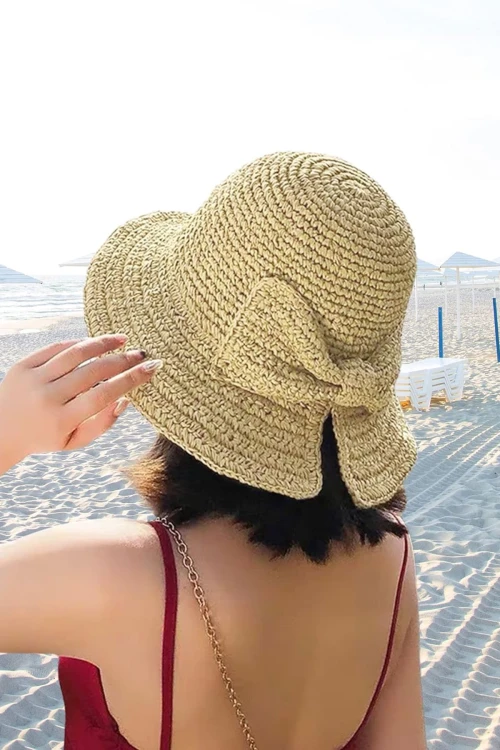 Bej El Örgüsü Fiyonklu Hasır Şapka BCNSV-2514527