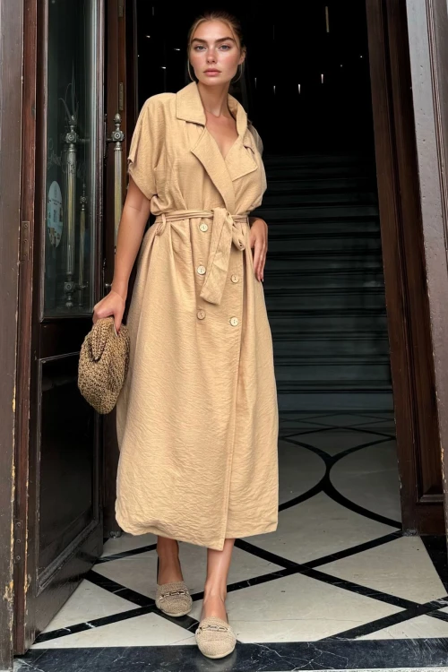 Bej Keten Ceket Yaka Kemerli Salaş Elbise BCBSK-25700-3162