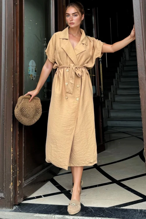 Bej Keten Ceket Yaka Kemerli Salaş Elbise BCBSK-25700-3162