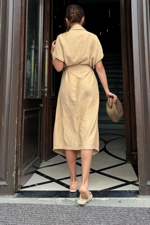 Bej Keten Ceket Yaka Kemerli Salaş Elbise BCBSK-25700-3162