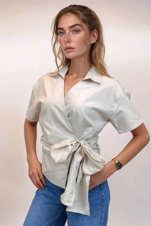 Bej Kısa Kol Kruvaze Kapama Detaylı Önü Bağlamalı Poplin Bluz BCDF-2520000