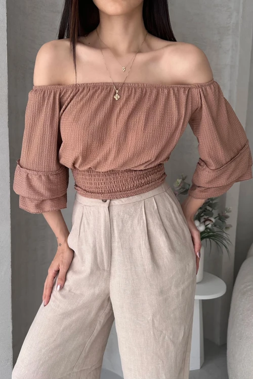 Bej Madonna Yaka Gipeli Bluz BCDF-252197