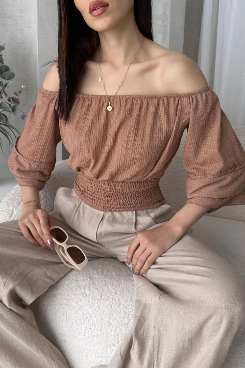 Bej Madonna Yaka Gipeli Bluz BCDF-252197