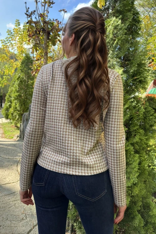 Bej Napolyon Düğmeli Hakim Yaka Ekose Ceket BCBSK-25700-3512