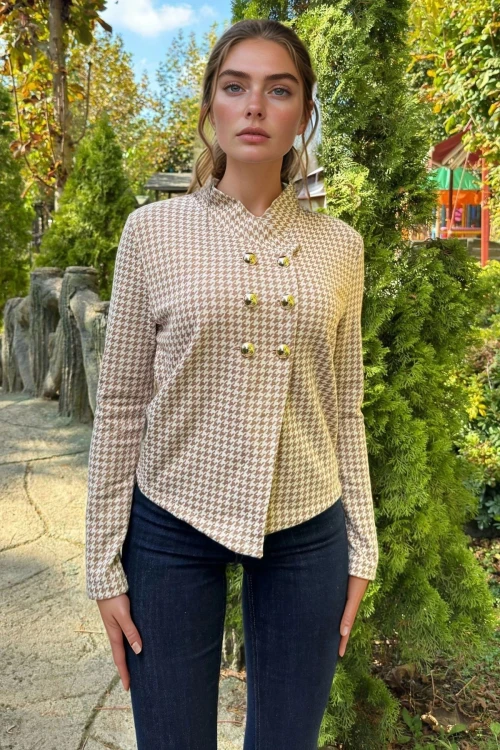 Bej Napolyon Düğmeli Hakim Yaka Ekose Ceket BCBSK-25700-3512