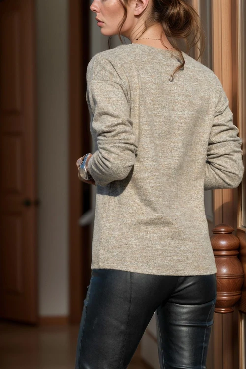 Bej V Yaka Deri Garnili Yumuşak Dokulu Kazak BCBSK-25700-2999