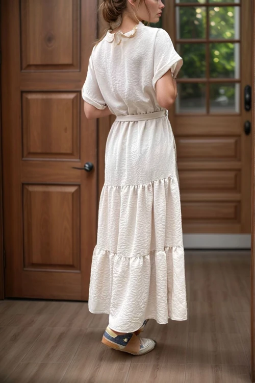 Bej Yarım Patlı Eteği Piliseli Kendinden Kemerli Salaş Elbise BCBSK-25700-3336