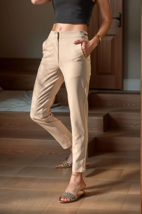 Bej Yüksek Bel Bant Şeritli Kalem Pantolon BCBSK-25700-3186