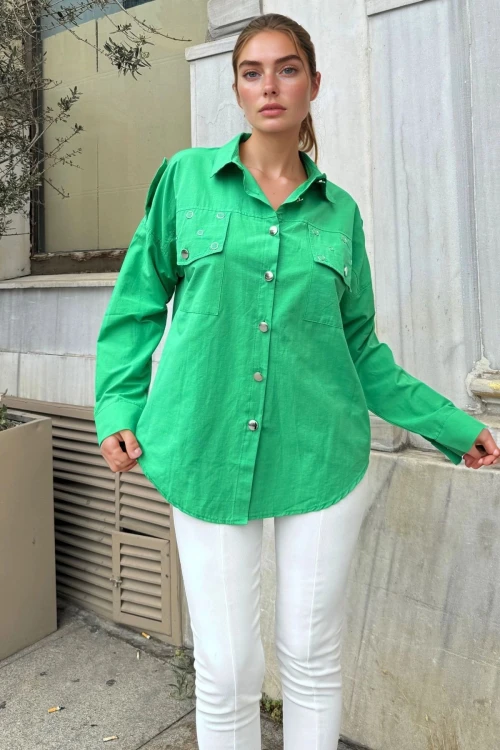 Benetton Çıtçıtlı Zımda Detaylı Apoletli Poplin Salaş Gömlek BCBSK-25700-3519