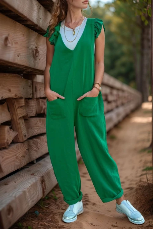 Benetton Müslin Askılı Cepli Düşük Ağlı Bol Paça Salaş Tulum BCBSK-25700-3613