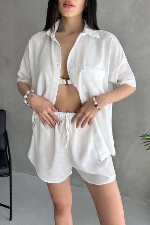 Beyaz Aerobin Keten Kısa Kol Gömlek Ve Şort Alt Üst Takım BCDF-253608