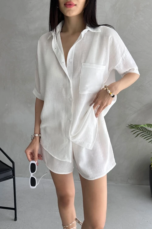 Beyaz Aerobin Keten Kısa Kol Gömlek Ve Şort Alt Üst Takım BCDF-253608