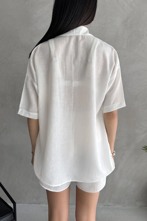 Beyaz Aerobin Keten Kısa Kol Gömlek Ve Şort Alt Üst Takım BCDF-253608