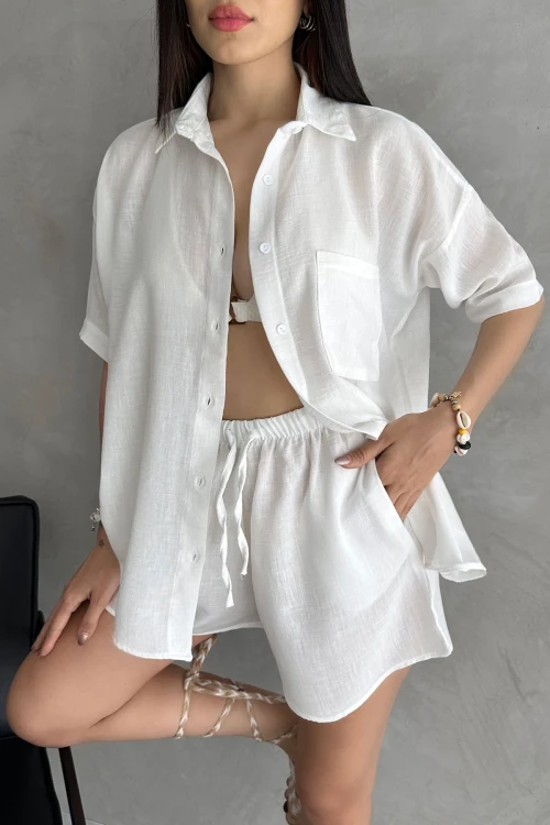 Beyaz Aerobin Keten Kısa Kol Gömlek Ve Şort Alt Üst Takım BCDF-253608