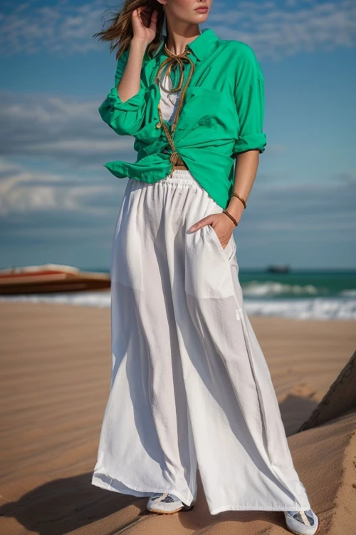 Beyaz Beli Lastikli Cepli Bol Paça Yumuşak Dokulu Salaş Pantolon BCBSK-25700-3391