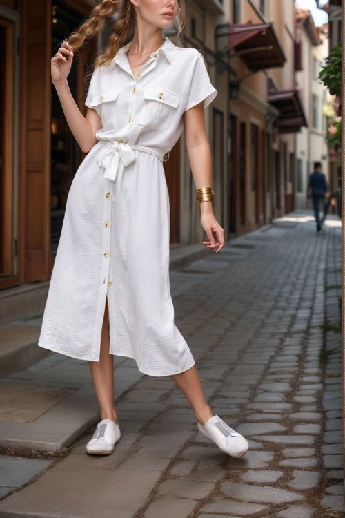 Beyaz Cepli Kemerli Safari Airobin Elbise BCBSK-25700-K4045