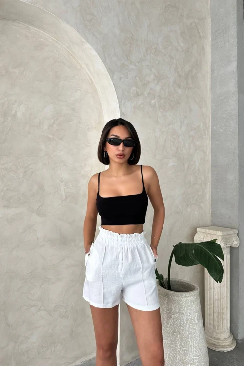 Beyaz Çift Cepli Beli Fırfırlı Önü Çimalı Keten Şort BCHN-2525834