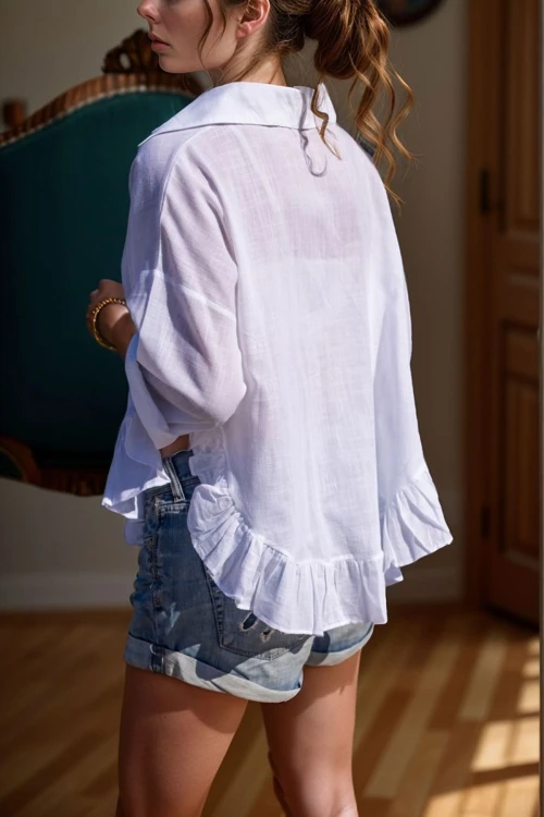 Beyaz Eteği Fırfırlı Vual Salaş Gömlek BCBSK-25700-3570