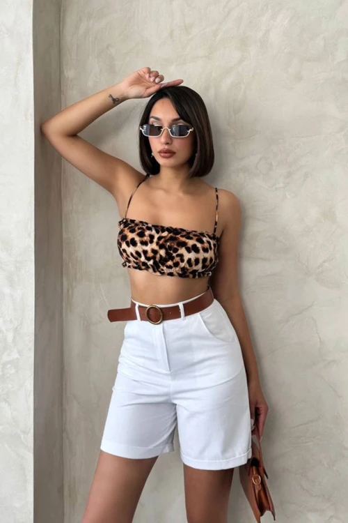 Beyaz Gabardin Kemerli Şort BCHN-2525735