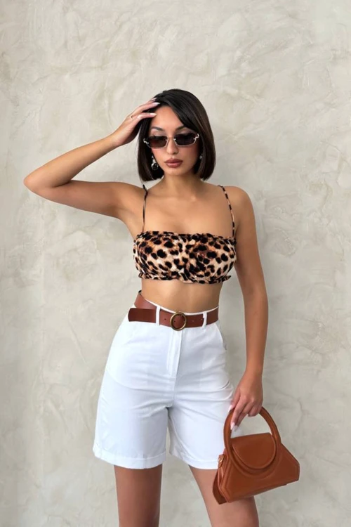 Beyaz Gabardin Kemerli Şort BCHN-2525735