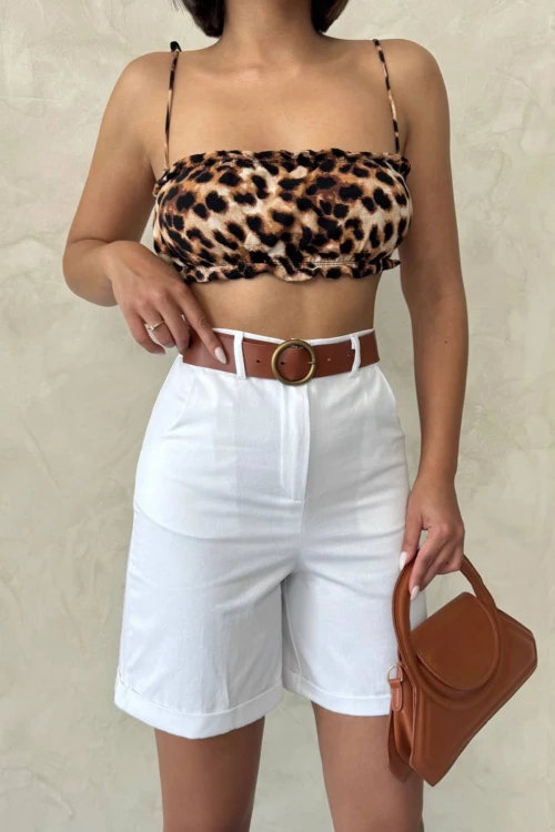 Beyaz Gabardin Kemerli Şort BCHN-2525735