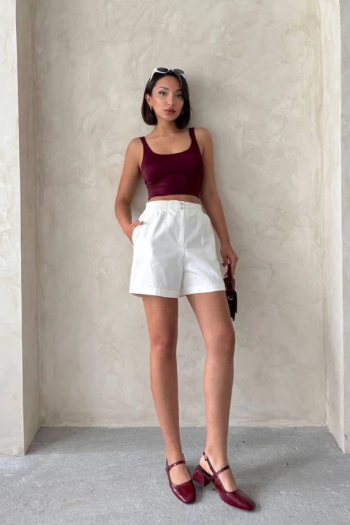 Beyaz Gabardin Lastikli Şort BCHN-2525913