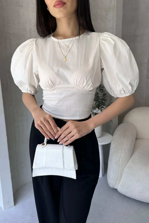 Beyaz Karpuz Kol Sırt Dekolteli Poplin Bluz